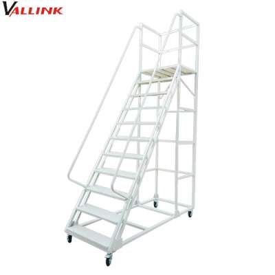 Warehouse Steel Safety Mobile Rolling Work Platform Ladder with Handrails